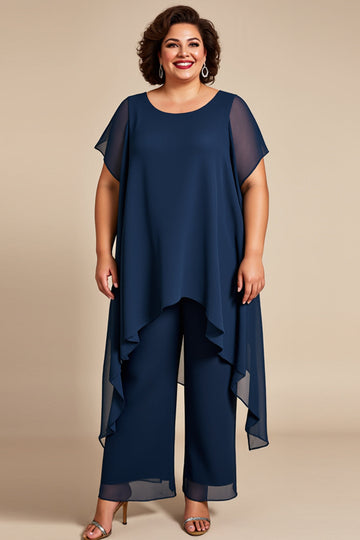 Navy Chiffon Round Neck Plus Size Mother Of The Bride Pantsuits
